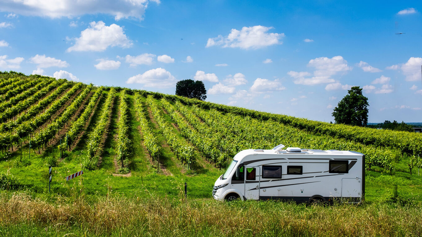 Autocamper omgivet af grønne vinmarker under en solrig himmel på autocamperferie i Frankrig