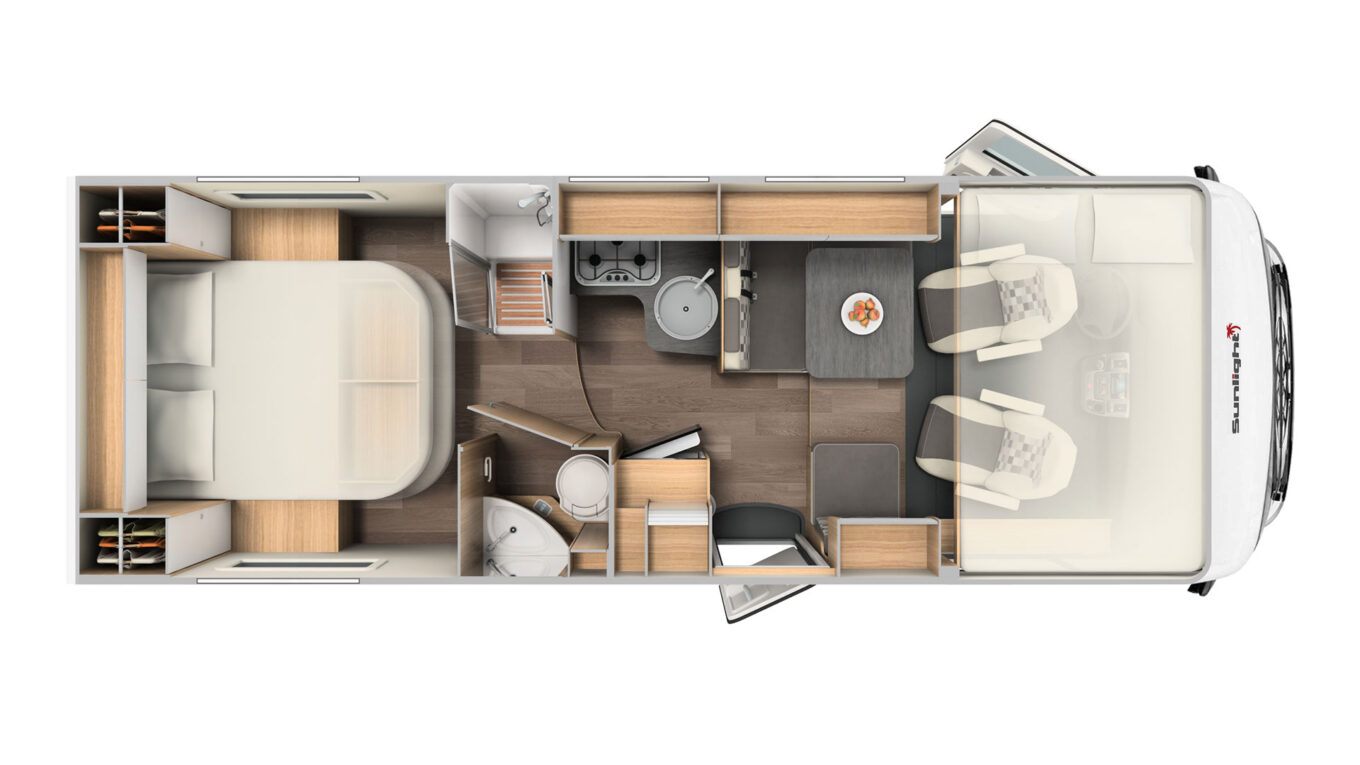 Helintegreret autocamper i Europa med god plads - Den perfekte autocamper til livsnyderparret der vil have masser af plads eller til familien på 4, som alle vil sove behageligt i gode senge.