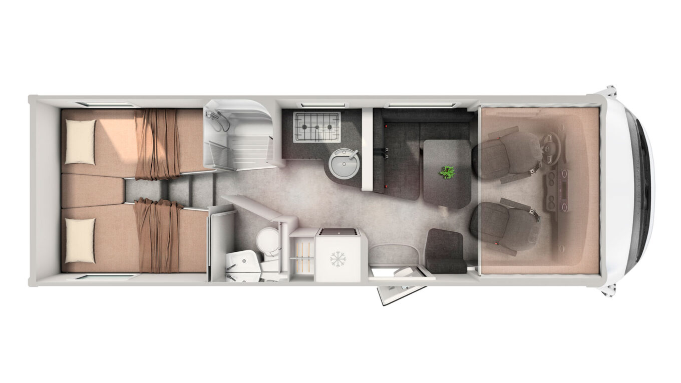 Helintegreret autocamper i Europa med god plads - Den perfekte autocamper til livsnyderparret der vil have masser af plads eller til familien på 4, som alle vil sove behageligt i gode senge.