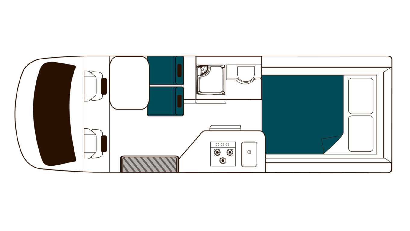 Mellem autocamper i Australien og New Zealand med toilet og bad og stor siddegruppe som omdannes til seng om natten. Et godt valg for et par der vil have en fleksibel autocamper.