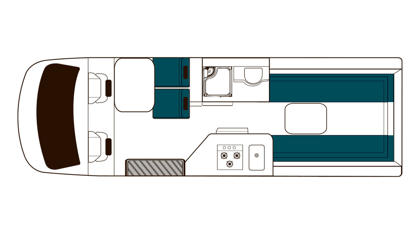 Mellem autocamper i Australien og New Zealand med toilet og bad og stor siddegruppe som omdannes til seng om natten. Et godt valg for et par der vil have en fleksibel autocamper.