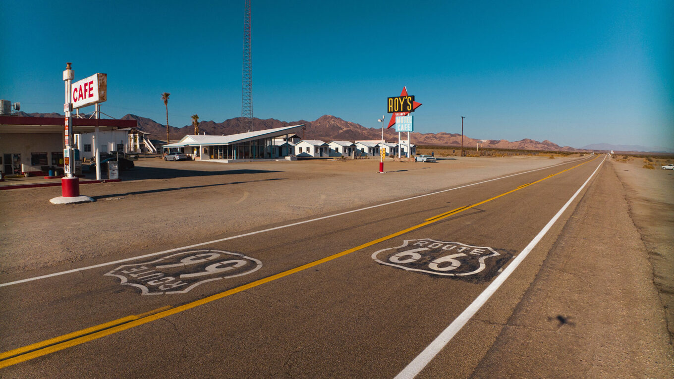 Klassisk stop på Route 66 – en nostalgisk oplevelse for autocamperrejsende i USA.